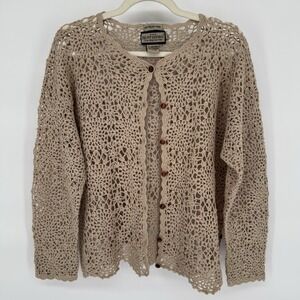 Vintage Crocet Cardigan L Indie Boho Y2K Hand Knit Costal Cottage Earthy Granny